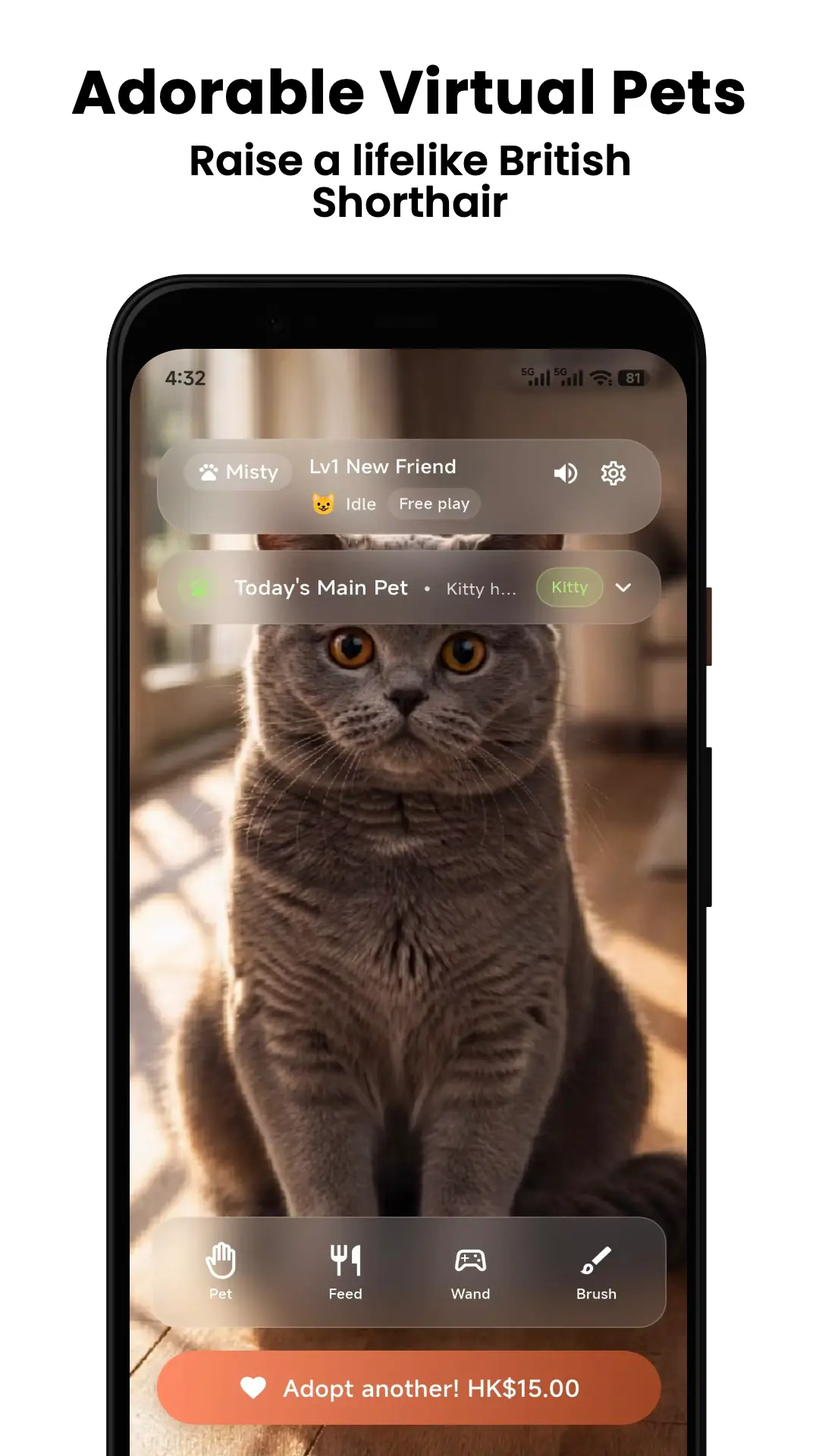 Petnori screen showing a British Shorthair virtual cat ready for adoption