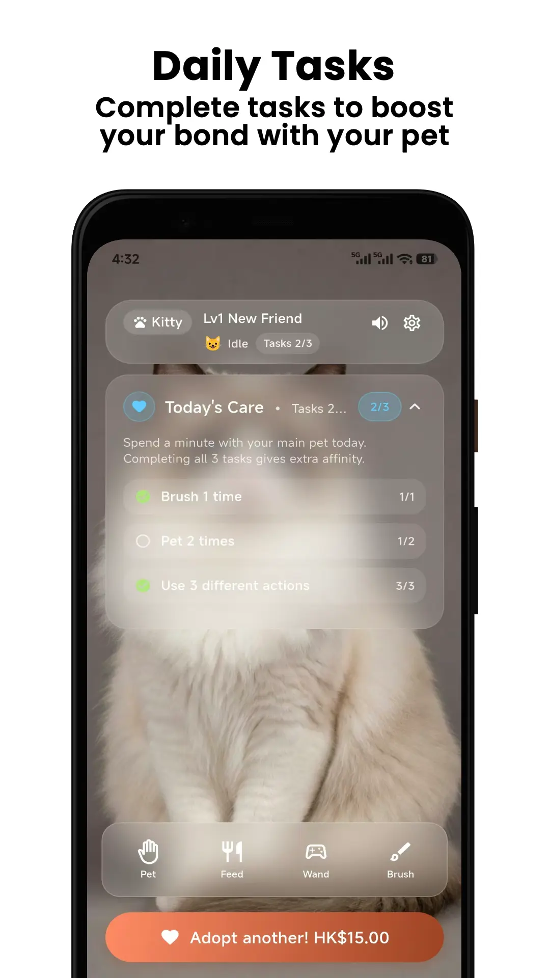 Petnori daily care tasks for brushing, petting, and playing with a virtual cat