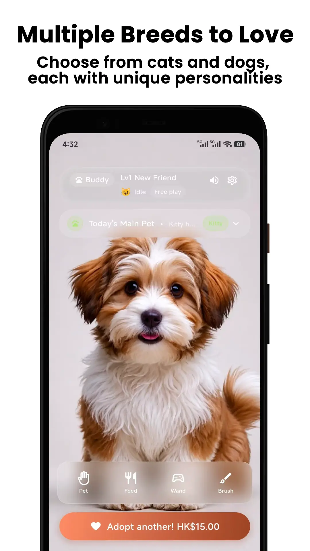 Petnori screen showing an adopted Havanese virtual dog and pet care controls